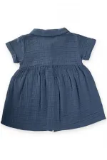 Bebe Yakalı Robası Büzgülü Müslin Elbise 1-7 Yaş İndigo Mavi