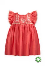 Organik Nakışlı Müslin Kız Elbise 2-10 Yaş Mercan
