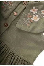Nakışlı Roba Yaka Keten Elbise 2-7 Yaş Haki Yeşil
