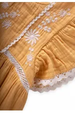 Organik Nakışlı Müslin Kız Elbise 2-10 Yaş Pastel Sarı