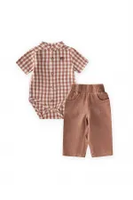 Ensemble chemise et body 0-3 ans, motif à carreaux café