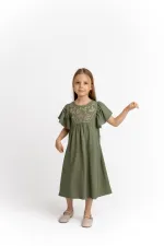Embroidered Linen Dress for 2-7 Years Old Khaki Green