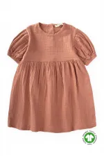 Organic Balon Kollu Müslin Elbise 2-10 Yaş Açık Kahve