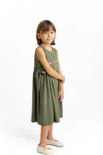 Robe en lin brodée à nouer sur le côté, pour enfants de 2 à 7 ans, kaki vert