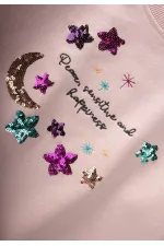 Sequined Crescent Moon and Star Embroidered Sweatshirt, Ages 2-8, Powder Pink