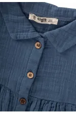 Bebe Yakalı Robası Büzgülü Müslin Elbise 1-7 Yaş İndigo Mavi