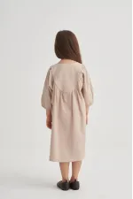 Tencel Robalı Elbise 2-7 Yaş Bej
