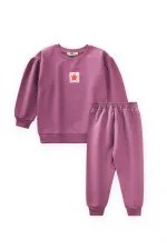 Tag Detailed Sweatshirt Set for 1-7 Years Old Fuchsia