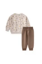 Araba Baskılı Sweatshirt Takım 1-5 Yaş Bej