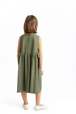 Robe en lin brodée à nouer sur le côté, pour enfants de 2 à 7 ans, kaki vert