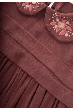 Bebe Yaka Nakışlı Keten Elbise 2-7 Yaş Mürdüm