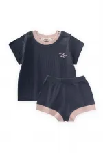 Bird Embroidered Garnished Corduroy Suit 0-5 Years Old Navy Blue