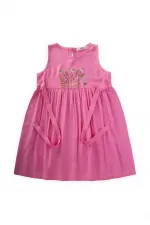 Nakışlı Yandan Bağlamalı Keten Elbise 2-7 Yaş Pembe