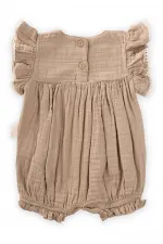 Çiçek Nakışlı Dantelli Müslin Tulum 0-3 Yaş Vizon