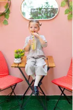 Yakalı Pileli Tencel Tulum 2-7 Yaş Bej