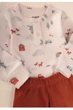 Farm Patterned Bodysuit Set for 0-3 Years Old Beige