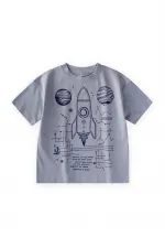 Roket Baskılı T-Shirt 2-12 Yaş Pastel Mavi