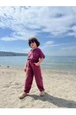 Ensemble chemise et pantalon en lin brodé à poches pour enfants de 2 à 7 ans, couleur prune