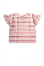 Çizgili Bağlamalı Kız T-Shırt 3-10 Yaş Pudra Geniş Çizgili