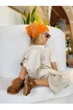 Salopette en lin à col V élastiqué, couleur naturelle, 2-7 ans