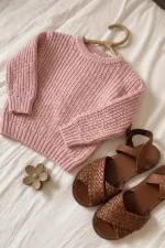 Bisiklet Yaka Selanik Triko Kazak 2-8 Yaş Pudra Pembe