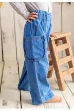 Jean coupe ample à poches à volants, bleu, 2-7 ans