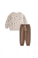 Araba Baskılı Sweatshirt Takım 1-5 Yaş Bej