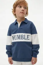 Polo Neck Printed Sweatshirt 4-12 Years Old Navy Blue
