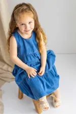Katlı Kot Elbise 2-7 Yaş Mavi