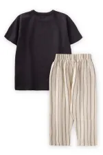 Bisiklet Baskılı Çizgili Müslin Pantolonlu Takım 2-10 Yaş Siyah