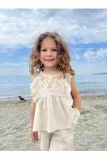 Linen Suit with Embroidered Shorts for 2-7 Years Old Natural