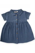 Bebe Yakalı Robası Büzgülü Müslin Elbise 1-7 Yaş İndigo Mavi