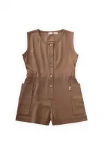 Short Linen Overalls with Side Pockets 2-7 Years Caramel