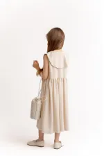 Embroidered Yoke Collar Linen Dress for 2-7 Years Old Natural