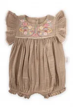 Çiçek Nakışlı Dantelli Müslin Tulum 0-3 Yaş Vizon