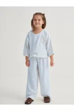 Wide-leg Trousers Embroidered Linen Set, Ages 2-7, Blue