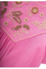 Robası Nakışlı Keten Elbise 2-7 Yaş Pembe
