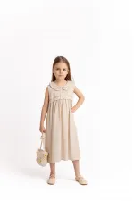 Baby Collar Embroidered Linen Dress for 2-7 Years Old, Natural