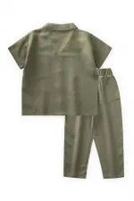 Embroidered Pocket Shirt Trousers Linen Suit for 2-7 Years Old Khaki Green