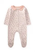 Crispy Floral Patterned Baby Collar Jumpsuit 0-9 Months Ecru