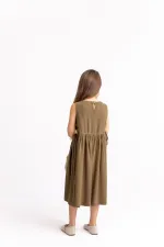 Nakışlı Yandan Bağlamalı Keten Elbise 2-7 Yaş Camel