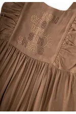 Square Neck Linen Dress with Rhinestone Embellishment, Ages 2-7, Caramel