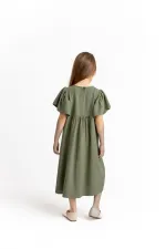 Embroidered Linen Dress for 2-7 Years Old Khaki Green