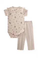 Patterned Ruffle Shoulder Bodysuit Set 0-3 Years Old Squirrel Pattern