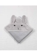 Kulaklı Tavşan Nakışlı Bebek Banyo Havlusu 75X75 cm Gri