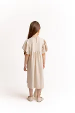Robası Nakışlı Keten Elbise 2-7 Yaş Naturel