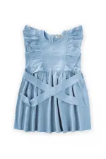 Yanları Bağcıklı Keten elbise 2-7 Yaş Mavi