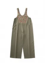 Roba Komple Nakışlı Keten Salopet 2-7 Yaş Haki Yeşil