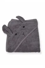Kulaklı Tavşan Nakışlı Bebek Banyo Havlusu 75X75 cm Füme