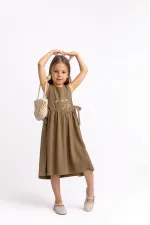 Nakışlı Yandan Bağlamalı Keten Elbise 2-7 Yaş Caramel